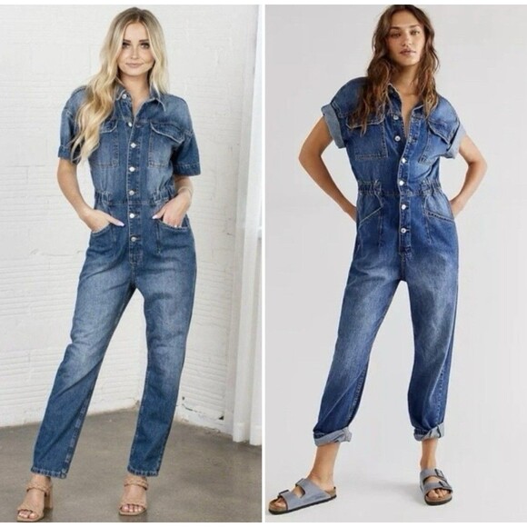 Free People We The Free Marci Denim Jumpsuit Coveralls Sz. Large - Picture 1 of 12